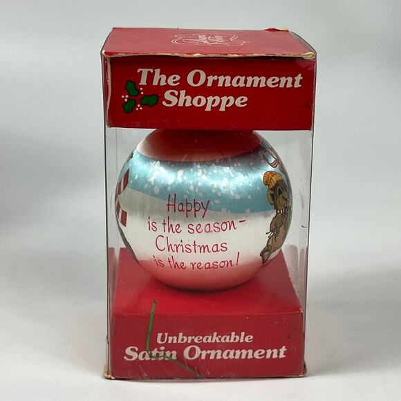 The Ornament Shoppe Satin Ornament Happy Holidays Bear Raccoon Quote Boxed 1980s - Picture 3 of 7